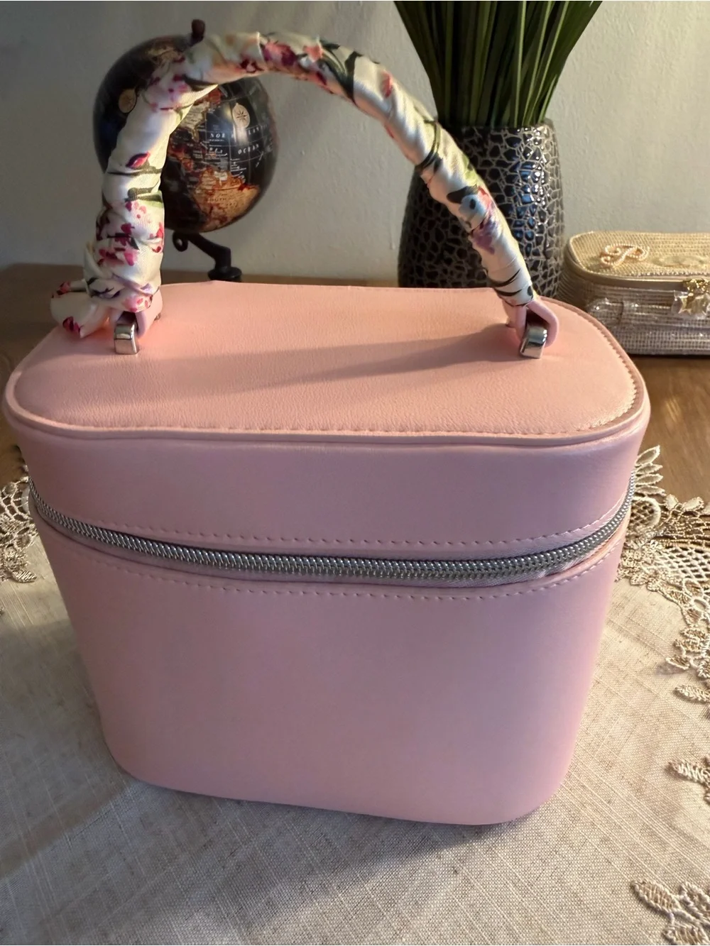 Bluemercury Pink Cosmetic Train Case with Floral Scarf Covered Handle New